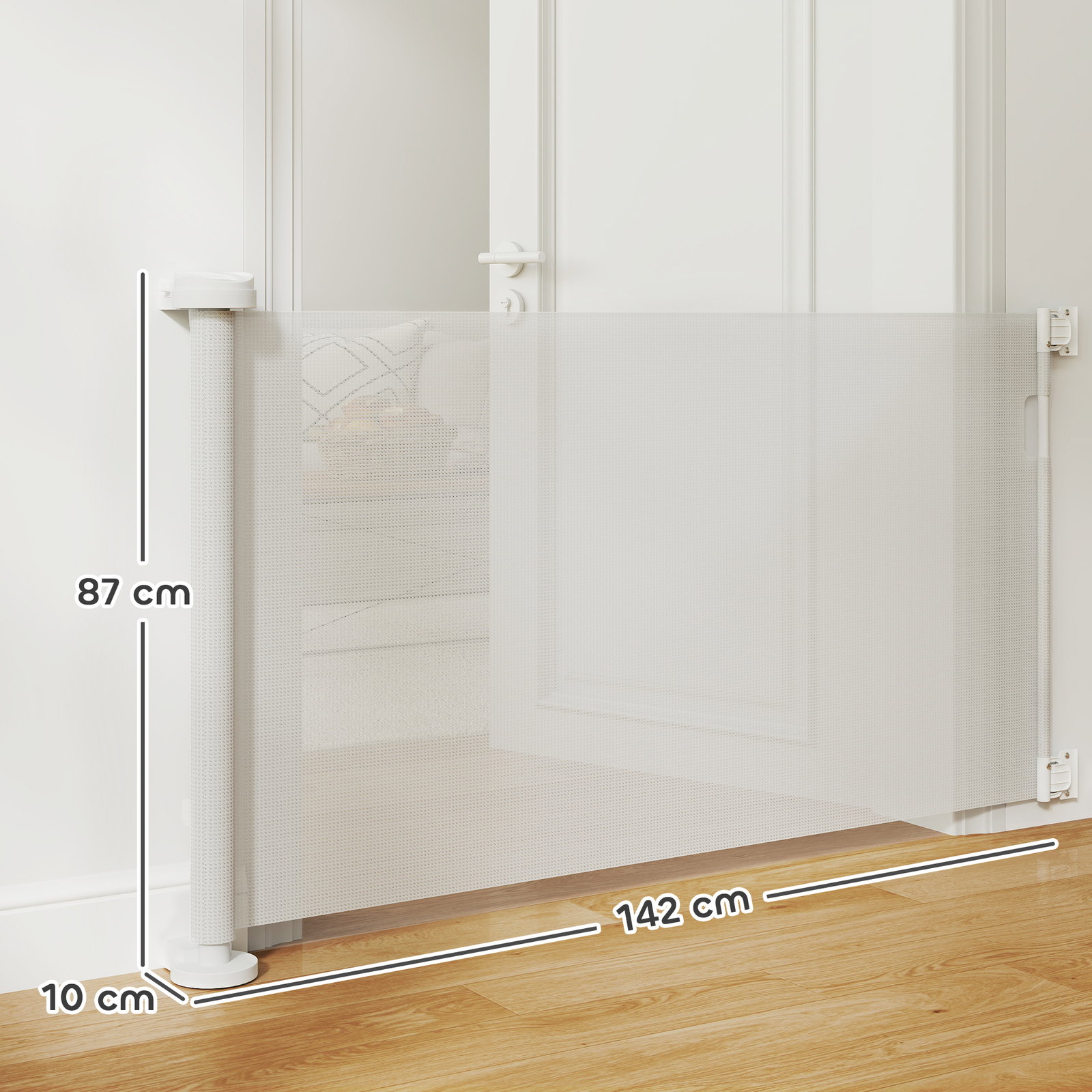 Barreira de segurança para cães retrátil 0-136 cm para cães pequenos com botão de fecho branco