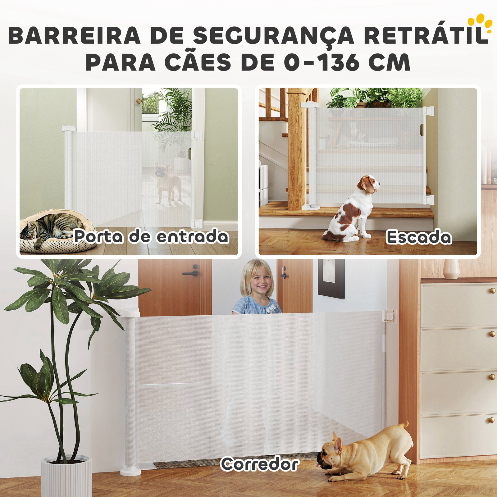 Barreira de segurança para cães retrátil 0-136 cm para cães pequenos com botão de fecho branco