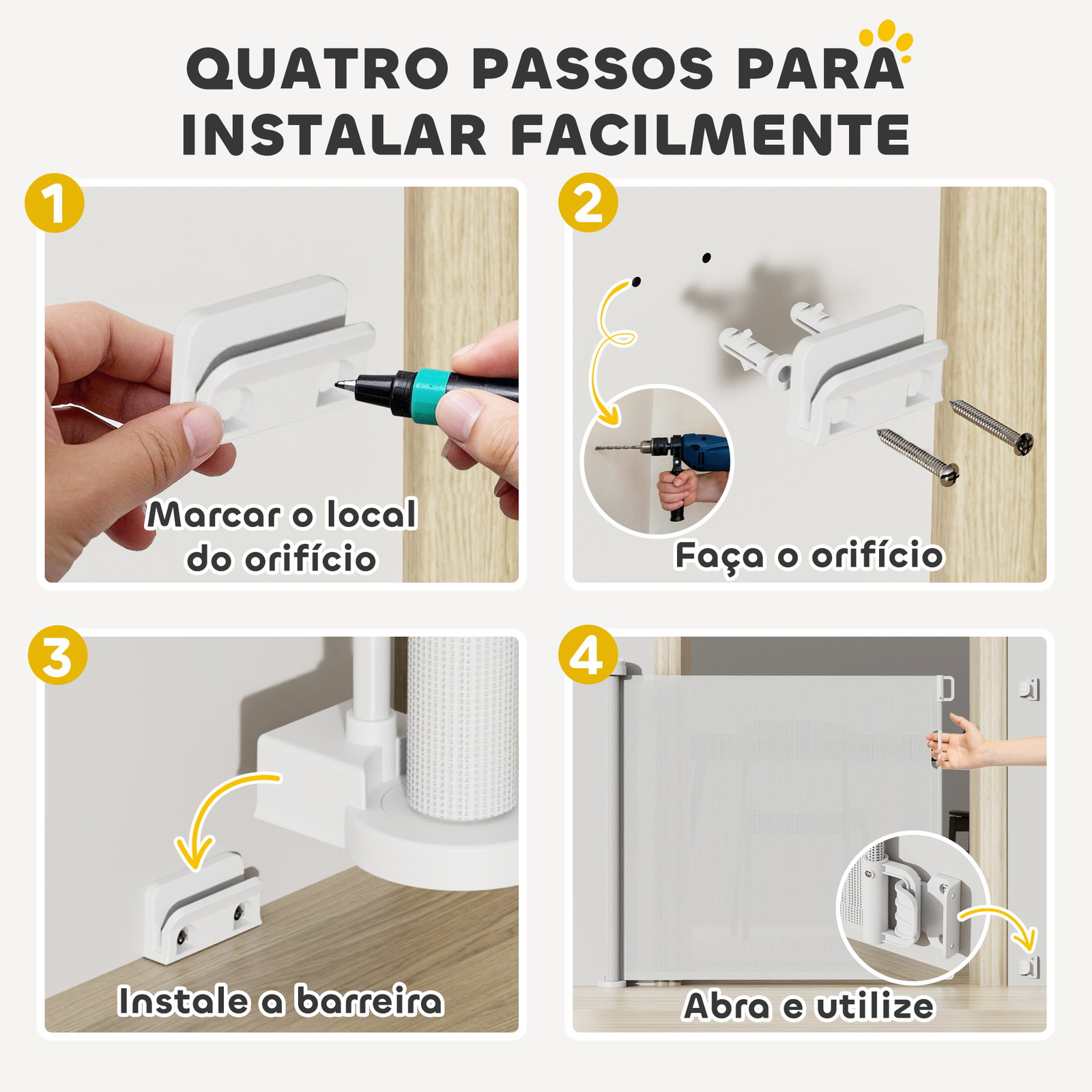 Barreira de segurança para cães retrátil 0-136 cm para cães pequenos com botão de fecho branco