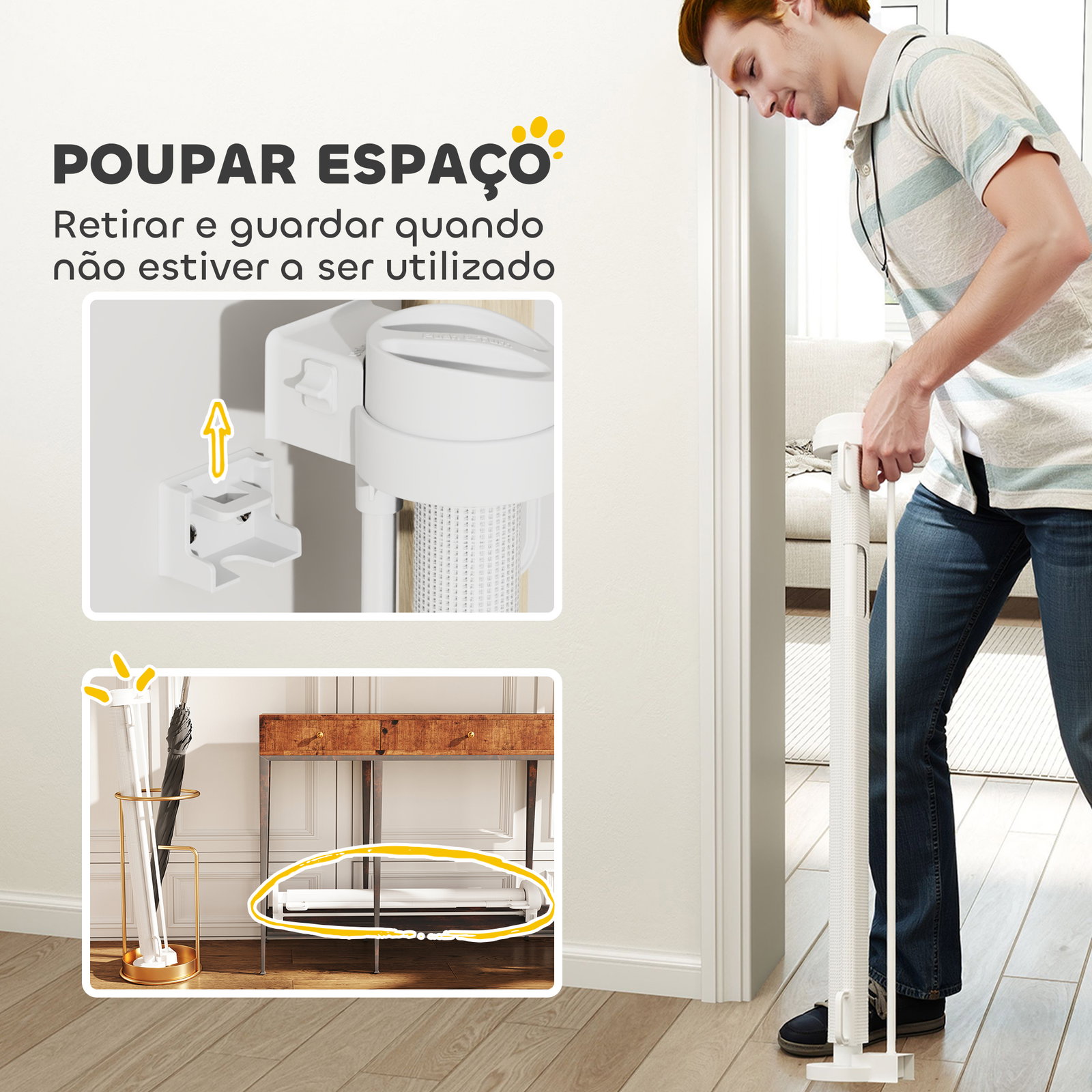 Barreira de segurança para cães retrátil 0-136 cm para cães pequenos com botão de fecho branco