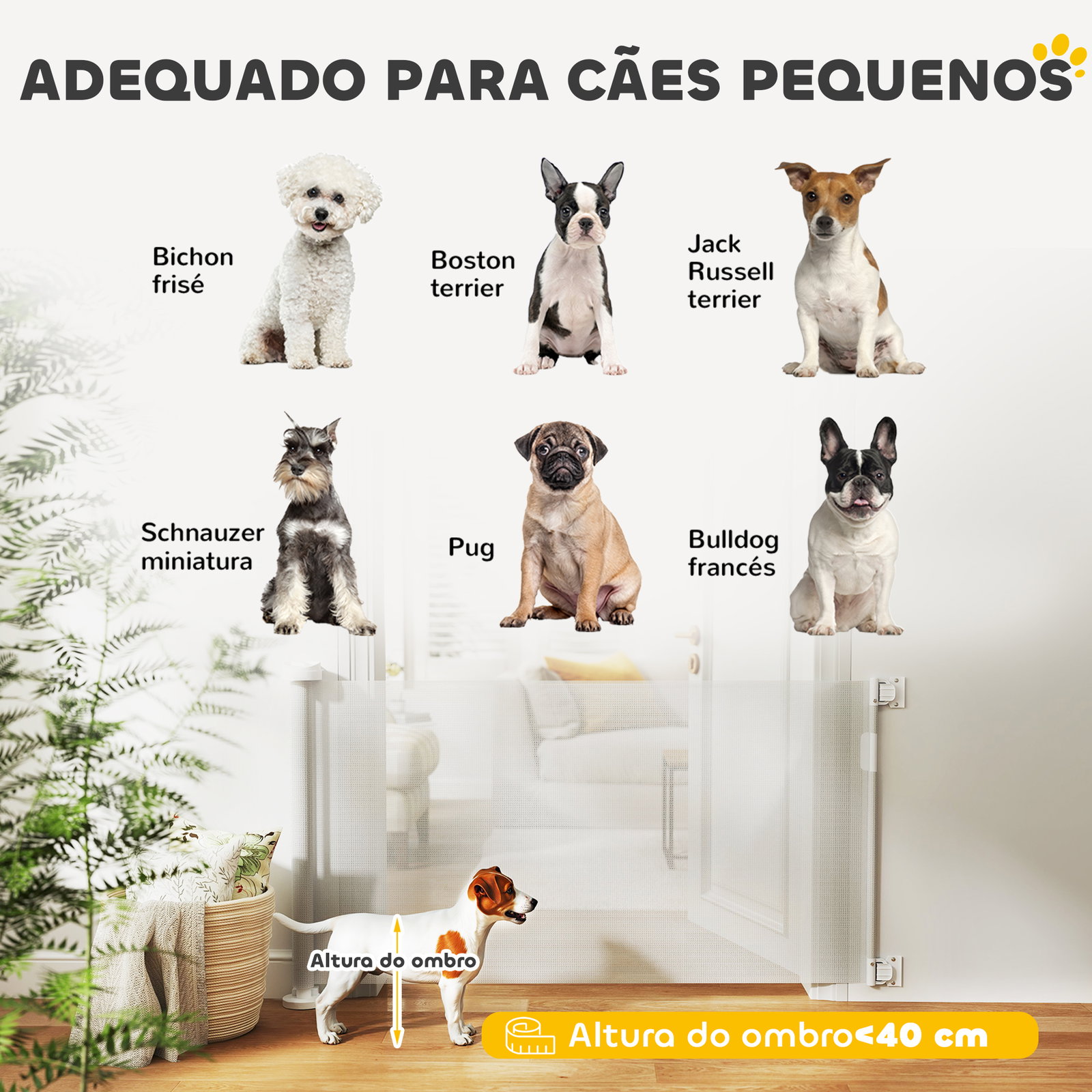 Barreira de segurança para cães retrátil 0-136 cm para cães pequenos com botão de fecho branco