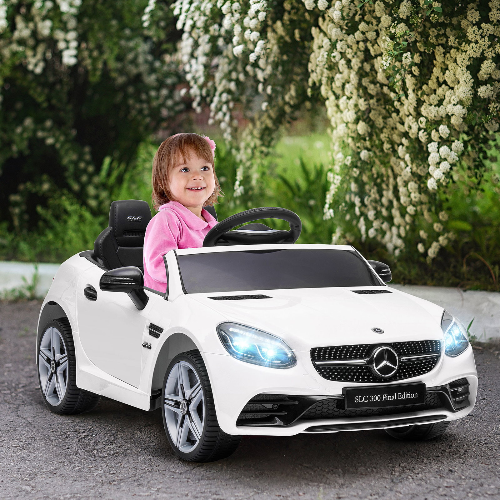 Carro elétrico mercedes slc 300 12v com faróis LED buzina música tf USB e abertura da porta 3-5km/h 107x62,5x44 cm branco
