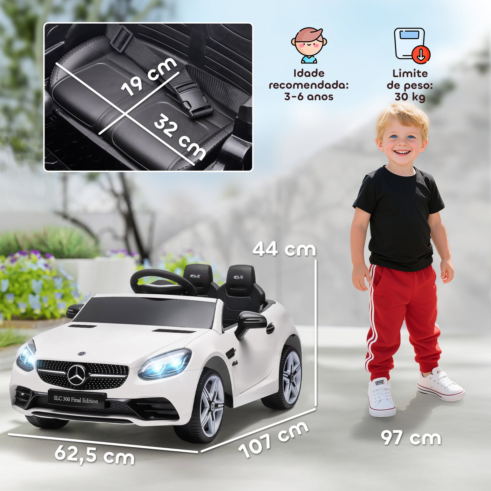 Carro elétrico mercedes slc 300 12v com faróis LED buzina música tf USB e abertura da porta 3-5km/h 107x62,5x44 cm branco