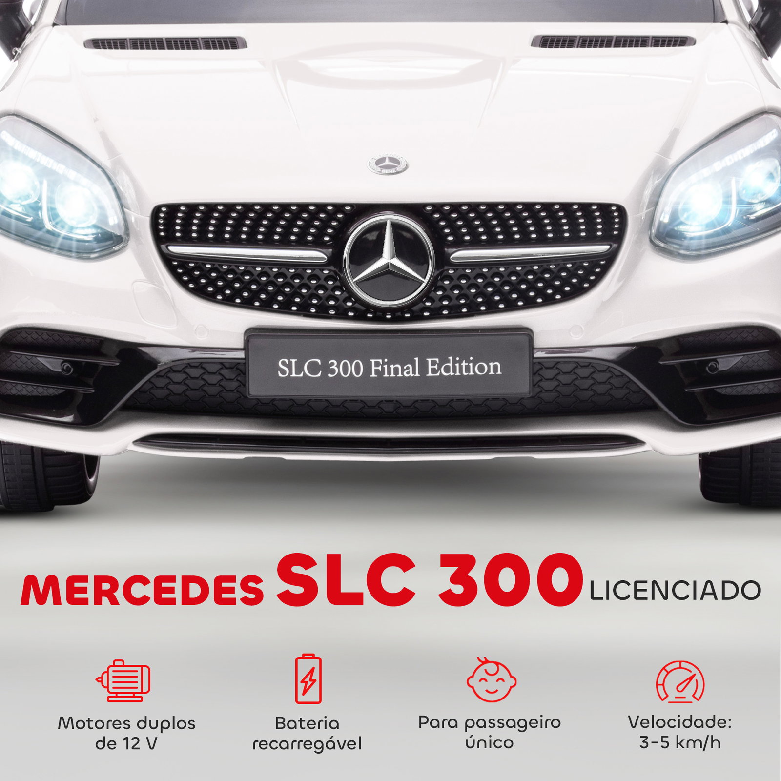 Carro elétrico mercedes slc 300 12v com faróis LED buzina música tf USB e abertura da porta 3-5km/h 107x62,5x44 cm branco
