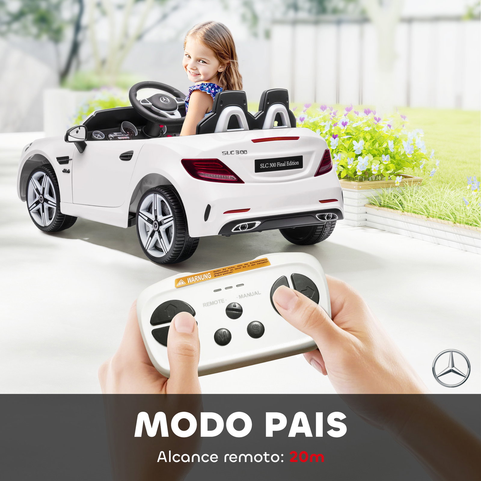 Carro elétrico mercedes slc 300 12v com faróis LED buzina música tf USB e abertura da porta 3-5km/h 107x62,5x44 cm branco