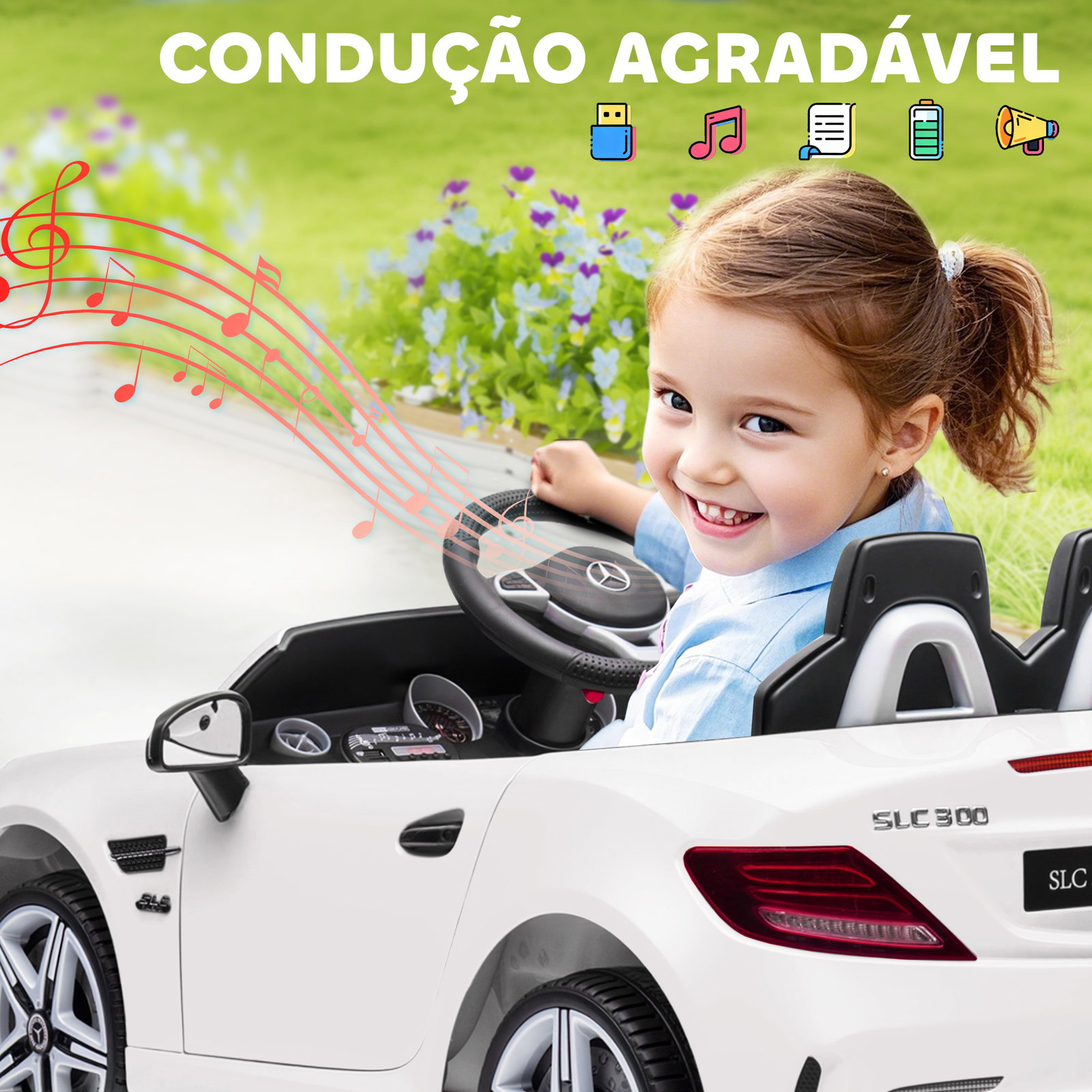 Carro elétrico mercedes slc 300 12v com faróis LED buzina música tf USB e abertura da porta 3-5km/h 107x62,5x44 cm branco