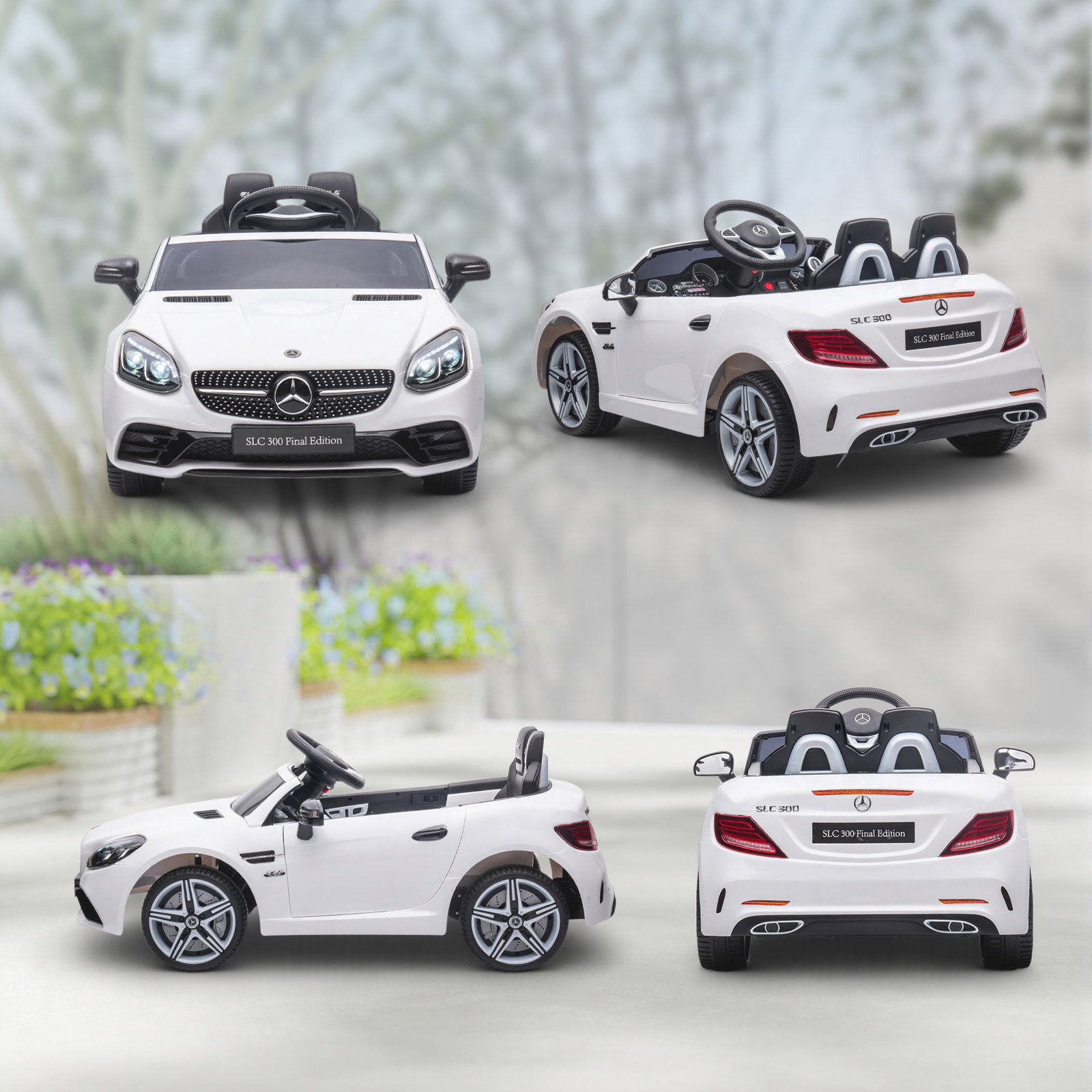 Carro elétrico mercedes slc 300 12v com faróis LED buzina música tf USB e abertura da porta 3-5km/h 107x62,5x44 cm branco