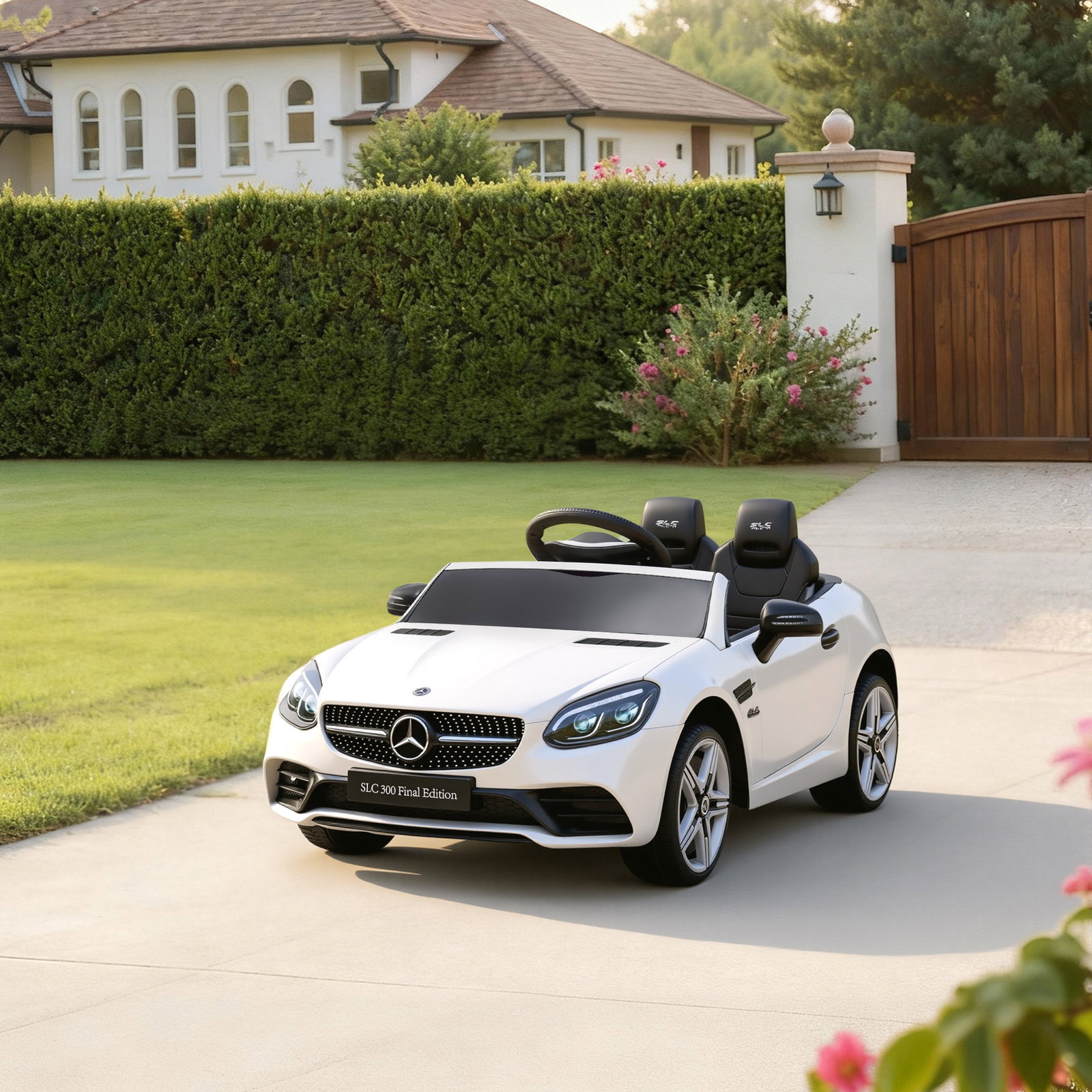 Carro elétrico mercedes slc 300 12v com faróis LED buzina música tf USB e abertura da porta 3-5km/h 107x62,5x44 cm branco