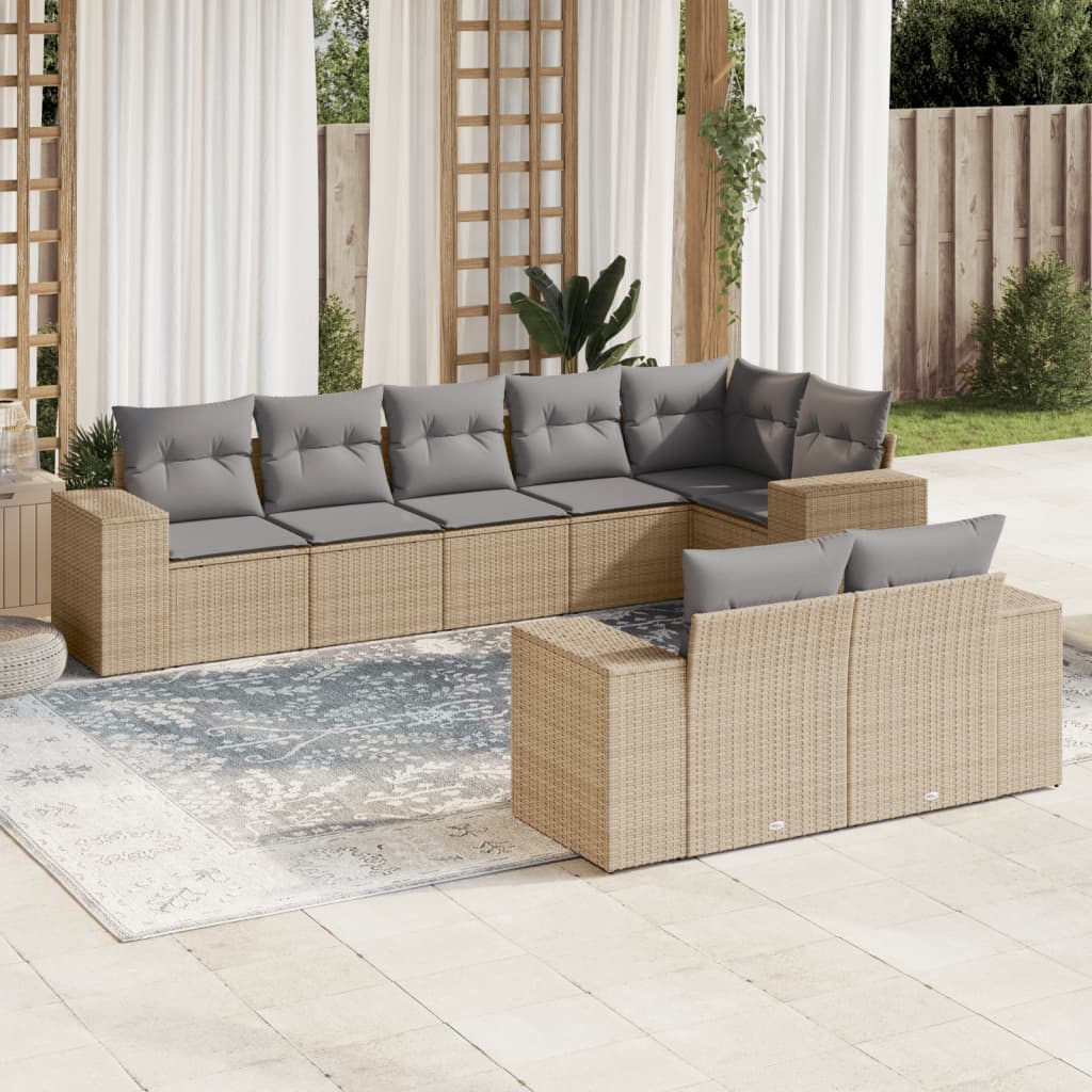 8 Pcs conjunto de sofás p/ jardim com almofadões vime PE bege