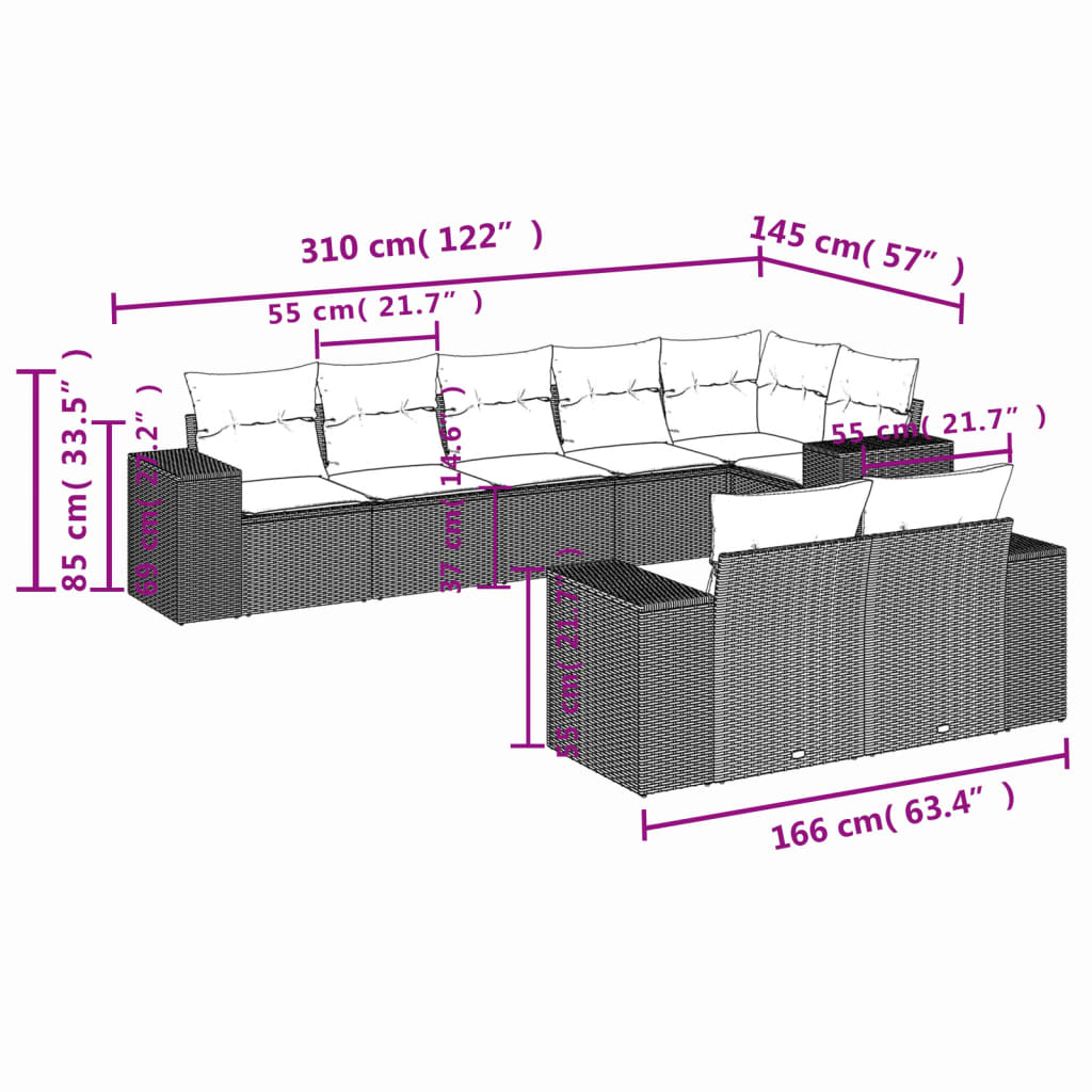 8 Pcs conjunto de sofás p/ jardim com almofadões vime PE bege