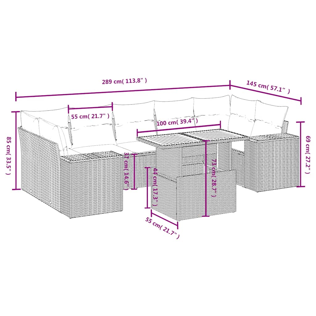 8 Pcs conjunto sofás de jardim com almofadões vime PE preto