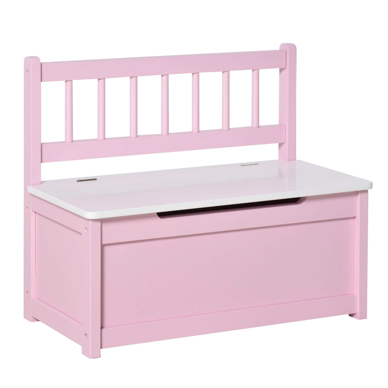 Baú de Brinquedos Banco de Armazenamento Infantil de Madeira de Pinho com Tampa de Amortecimento e Encosto Alto 60x30x50 cm Rosa