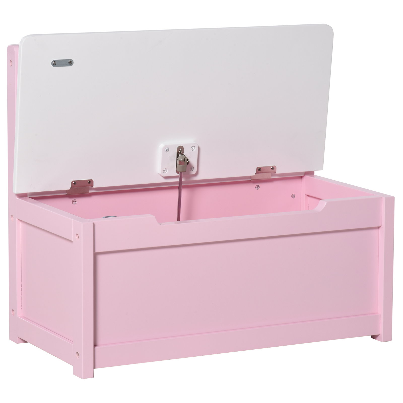 Baú de Brinquedos Banco de Armazenamento Infantil de Madeira de Pinho com Tampa de Amortecimento e Encosto Alto 60x30x50 cm Rosa
