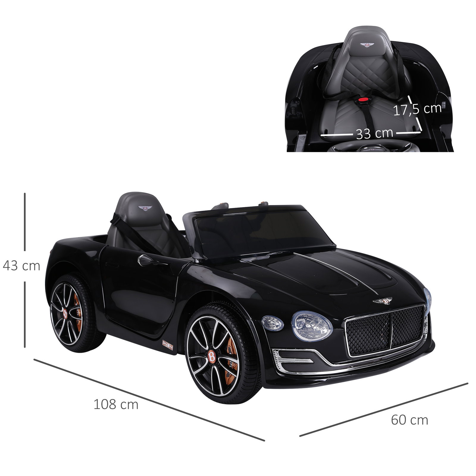 Bentley gt elétrico licenciado para crianças de 3-5 anos 2 velocidades com controle remoto farois musica preto