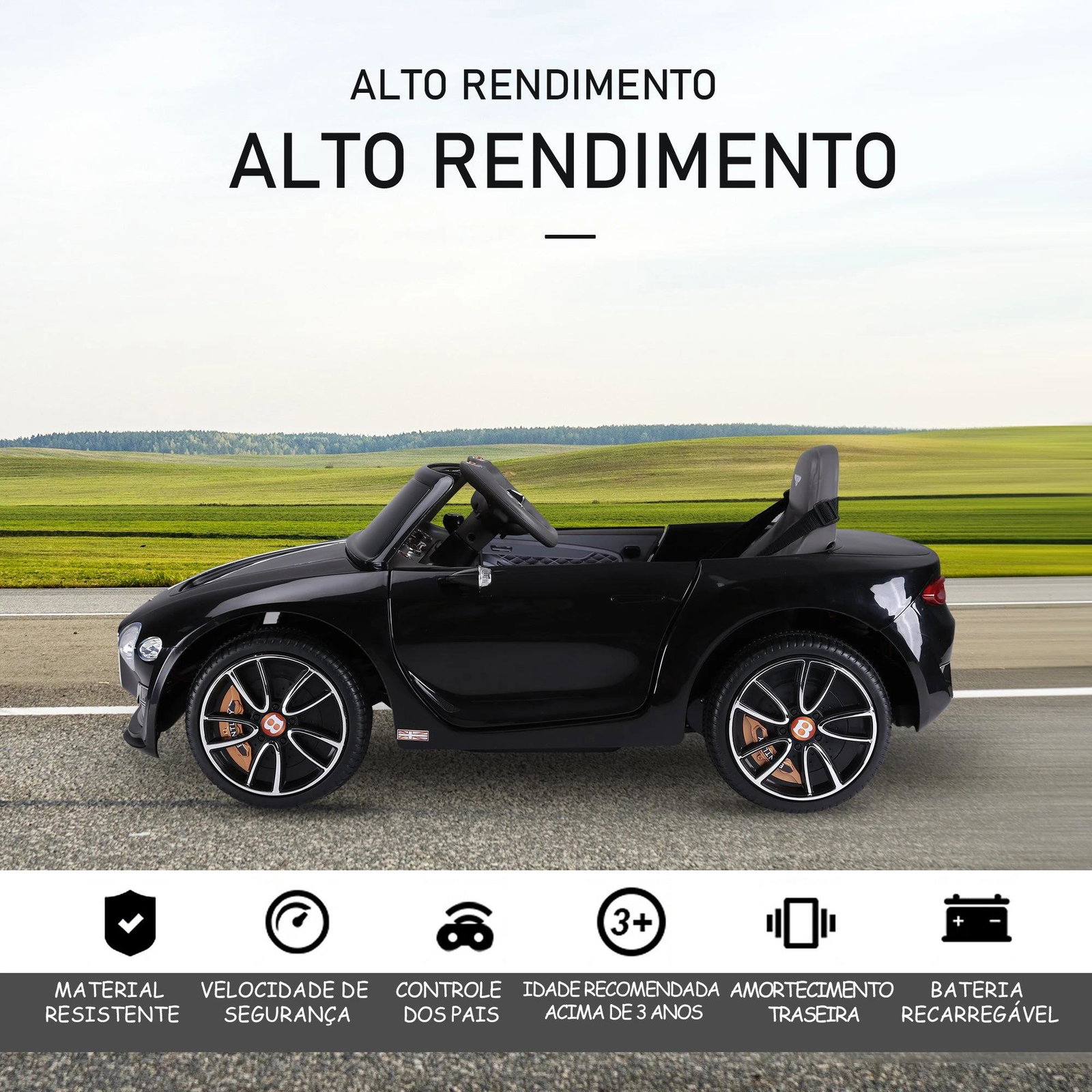 Bentley gt elétrico licenciado para crianças de 3-5 anos 2 velocidades com controle remoto farois musica preto