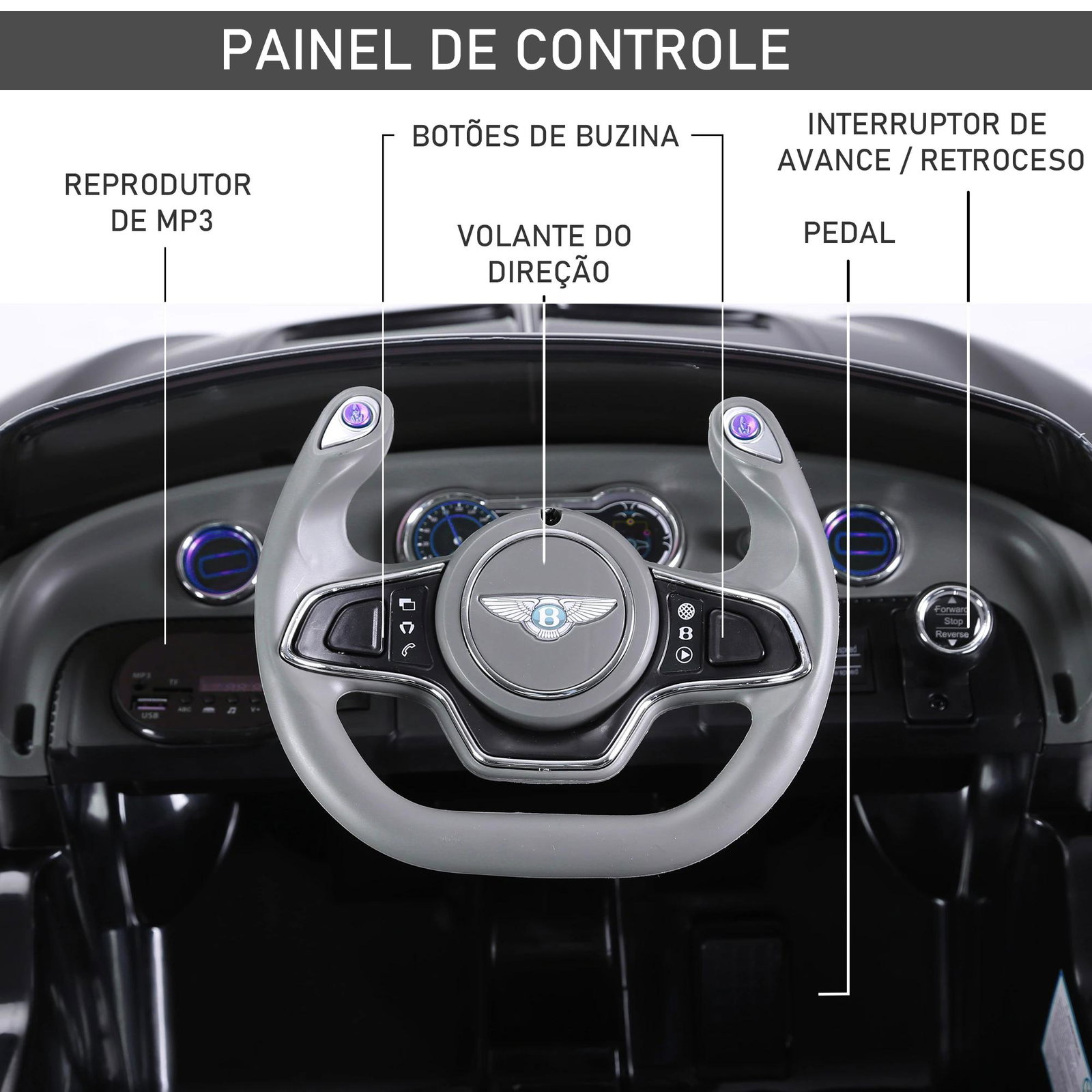 Bentley gt elétrico licenciado para crianças de 3-5 anos 2 velocidades com controle remoto farois musica preto