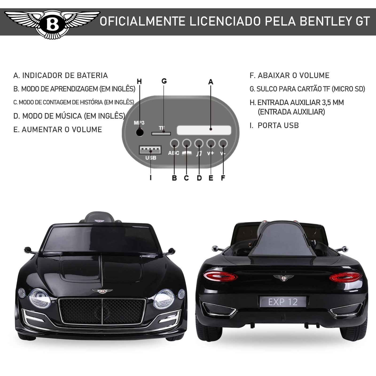 Bentley gt elétrico licenciado para crianças de 3-5 anos 2 velocidades com controle remoto farois musica preto