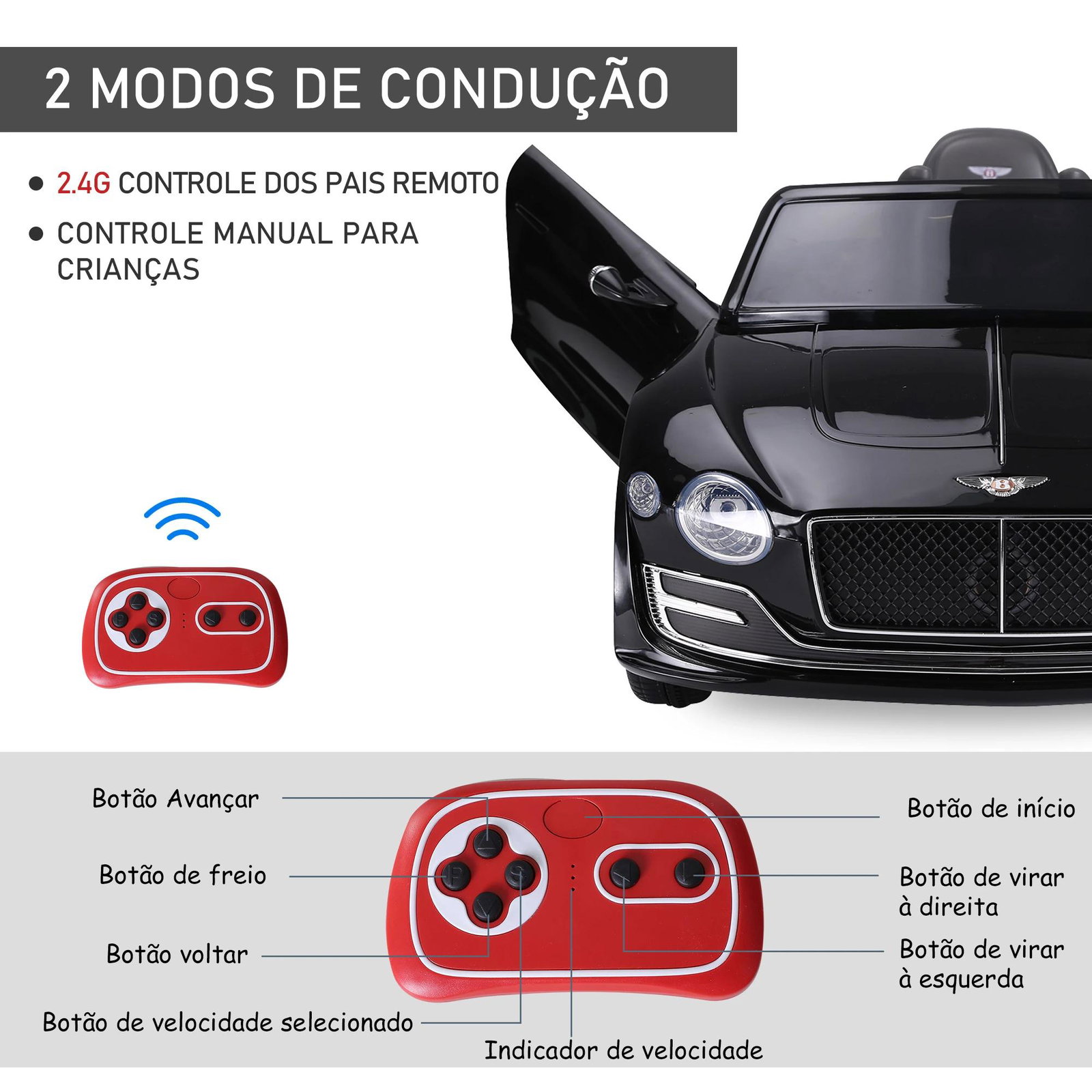 Bentley gt elétrico licenciado para crianças de 3-5 anos 2 velocidades com controle remoto farois musica preto
