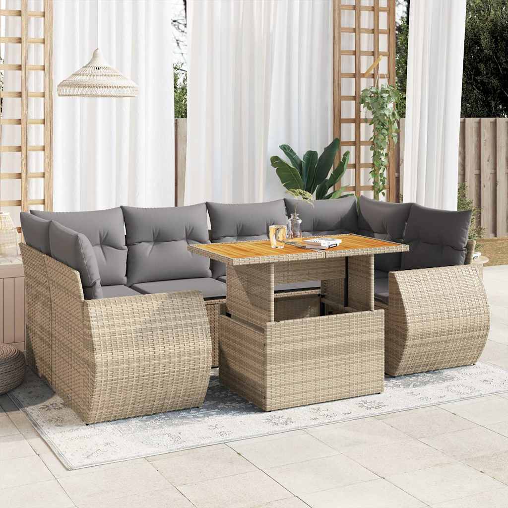 7 Pcs conjunto de sofás p/ jardim com almofadões vime PE bege