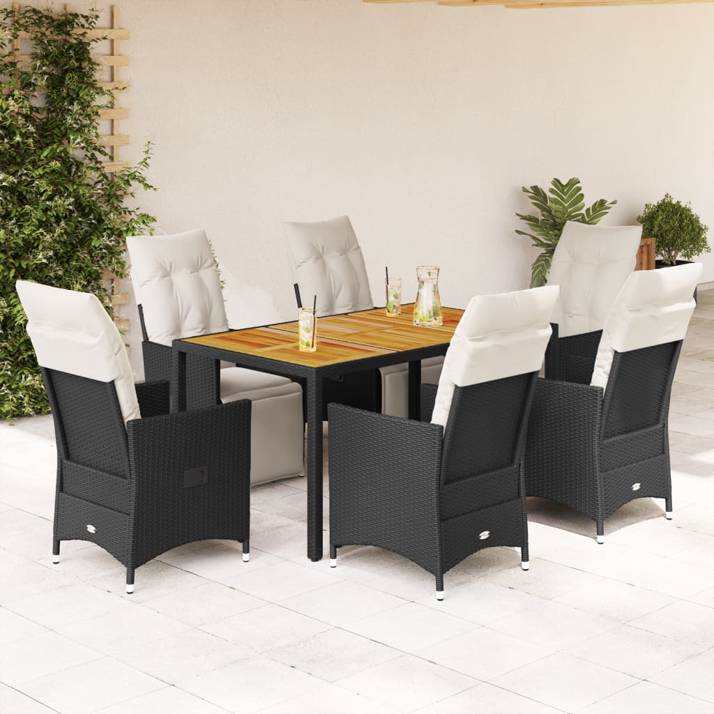7 Pcs conjunto de jantar p/ jardim c/ almofadões vime PE preto