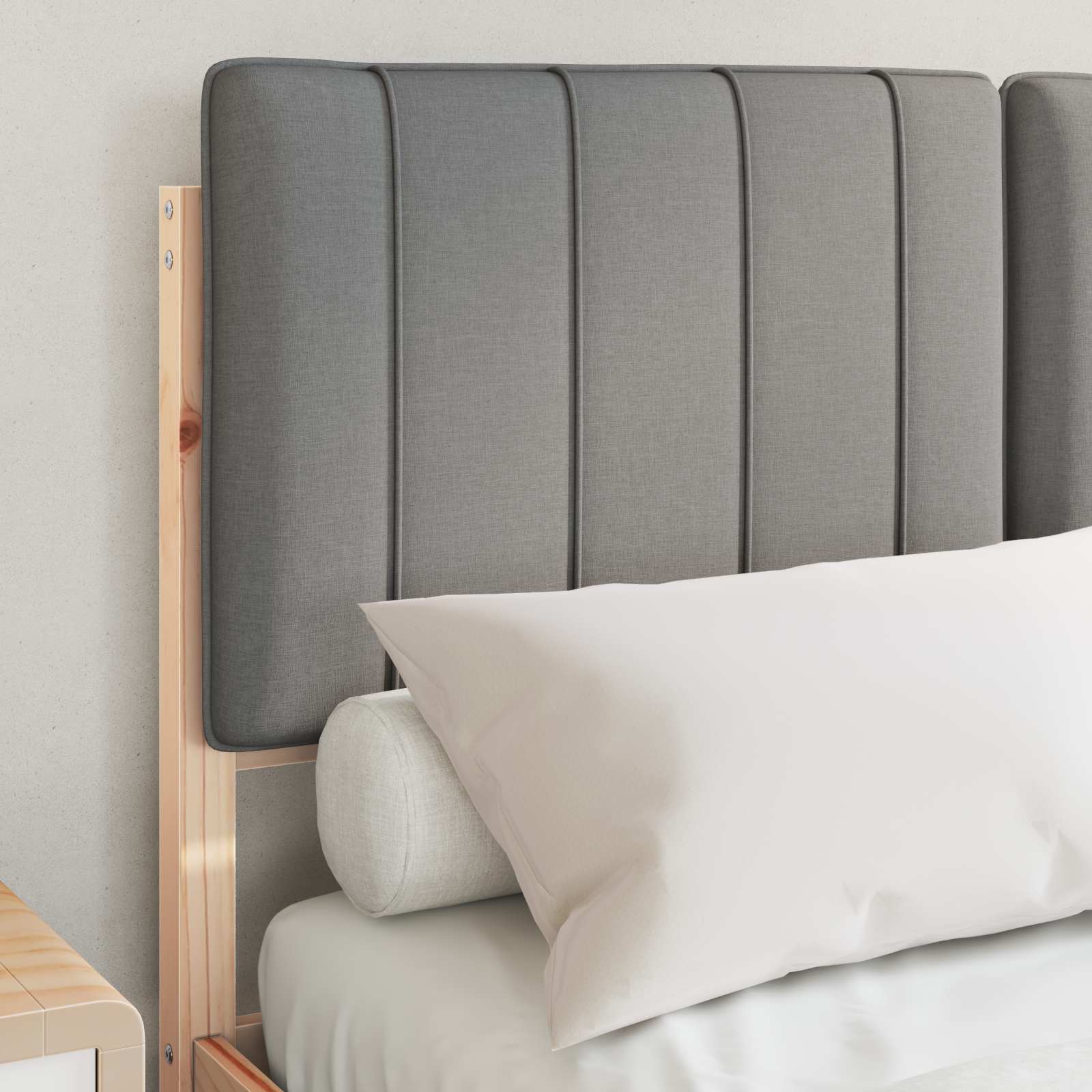 Estrutura de cama com cabeceira estofada cinzento-claro