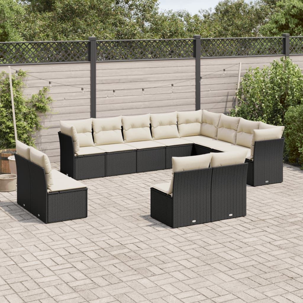 12 Pcs conjunto de sofás de jardim c/ almofadões vime PE preto