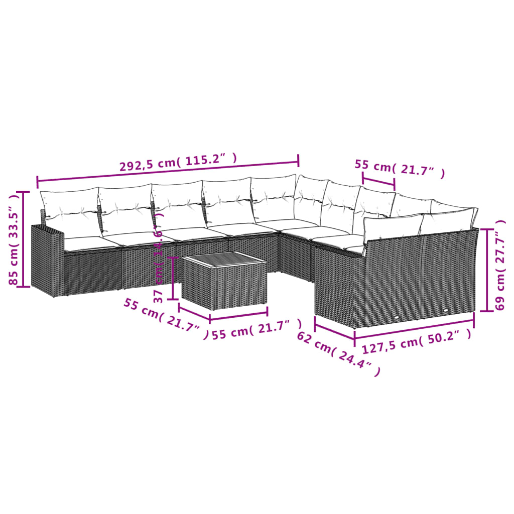 11 Pcs conjunto sofás de jardim c/ almofadões vime PE cinzento