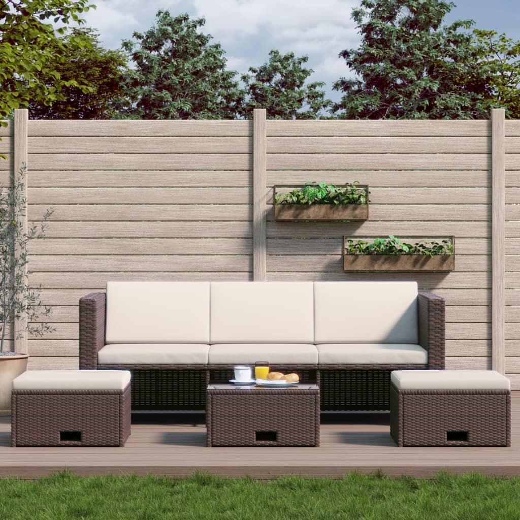4 Pcs conjunto lounge jardim c/ almofadões vime PE castanho