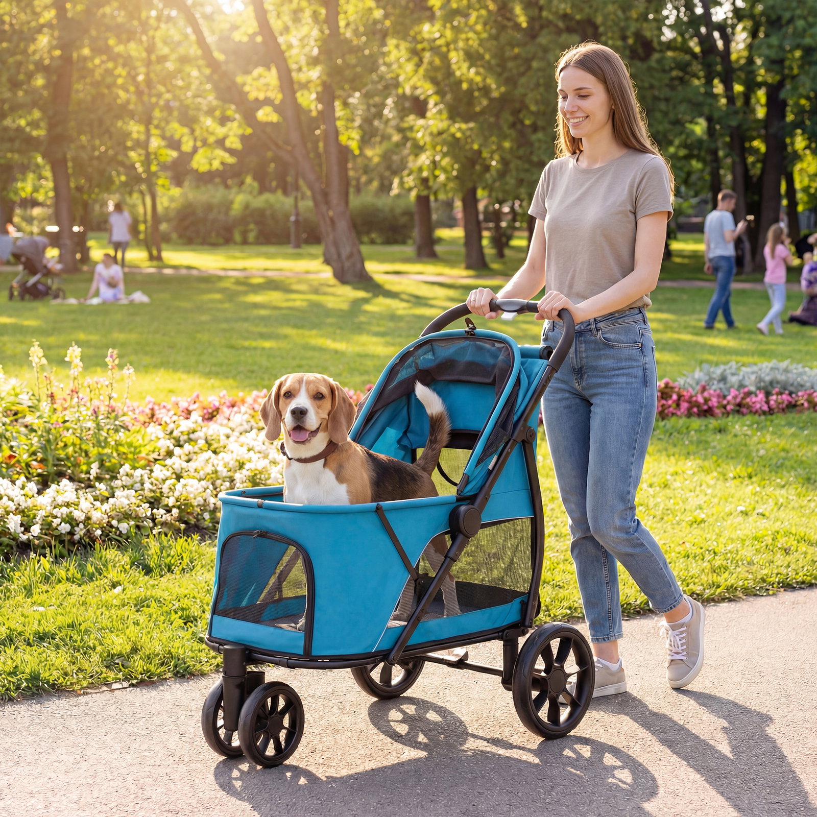 Carrinho para cães dobrável com 3 rodas janelas de rede almofada lavável todo o terreno carga 20 kg 92x63x95 cm azul