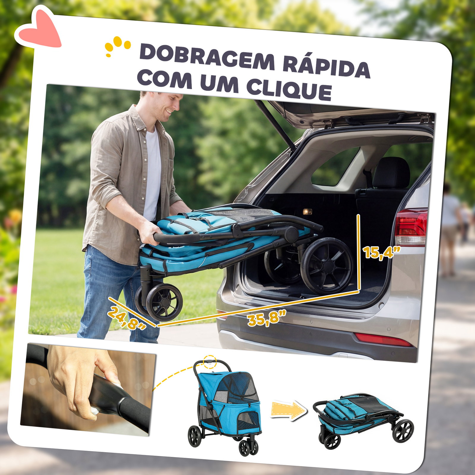 Carrinho para cães dobrável com 3 rodas janelas de rede almofada lavável todo o terreno carga 20 kg 92x63x95 cm azul