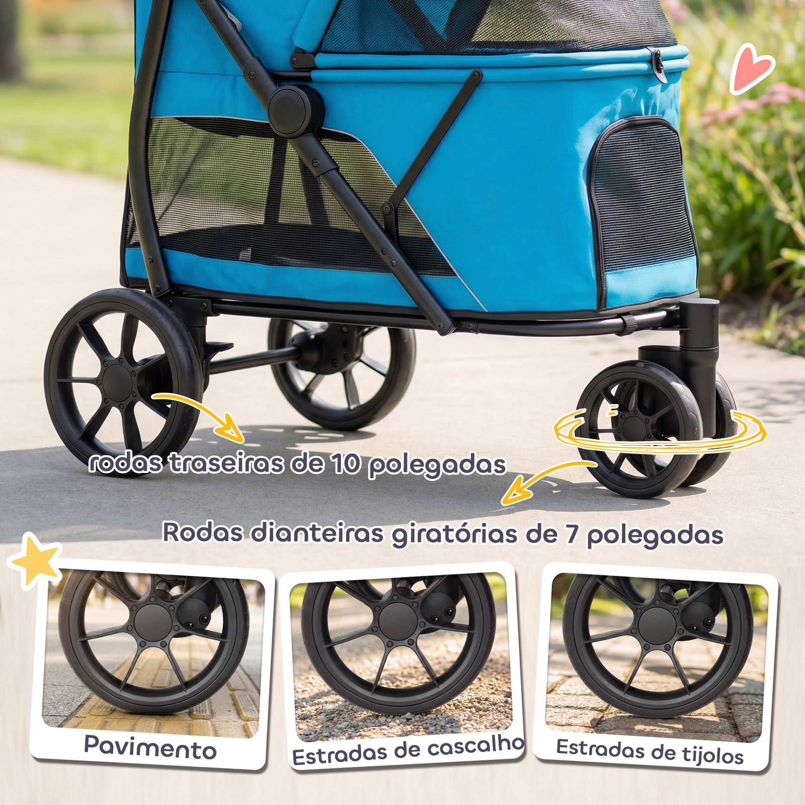 Carrinho para cães dobrável com 3 rodas janelas de rede almofada lavável todo o terreno carga 20 kg 92x63x95 cm azul