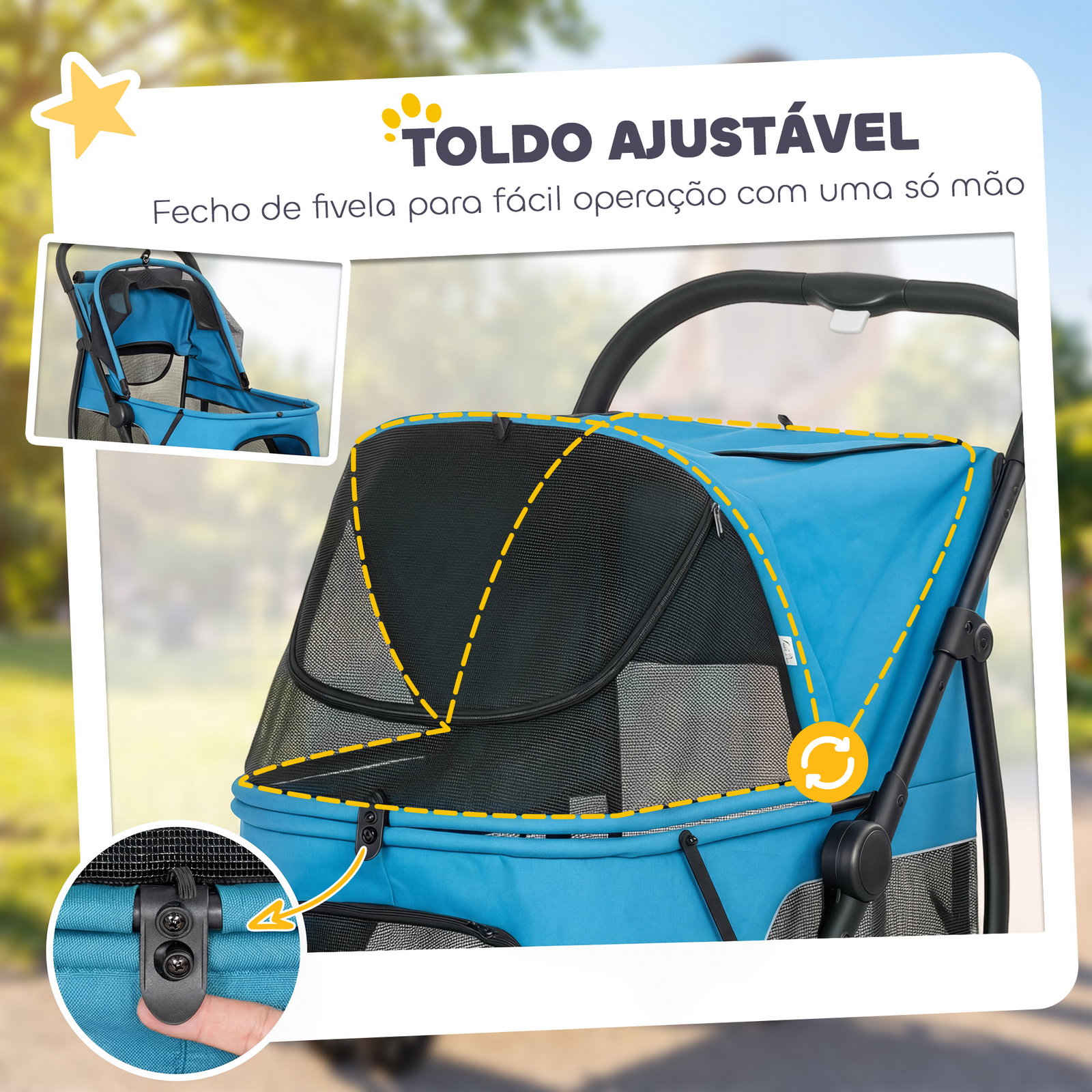 Carrinho para cães dobrável com 3 rodas janelas de rede almofada lavável todo o terreno carga 20 kg 92x63x95 cm azul