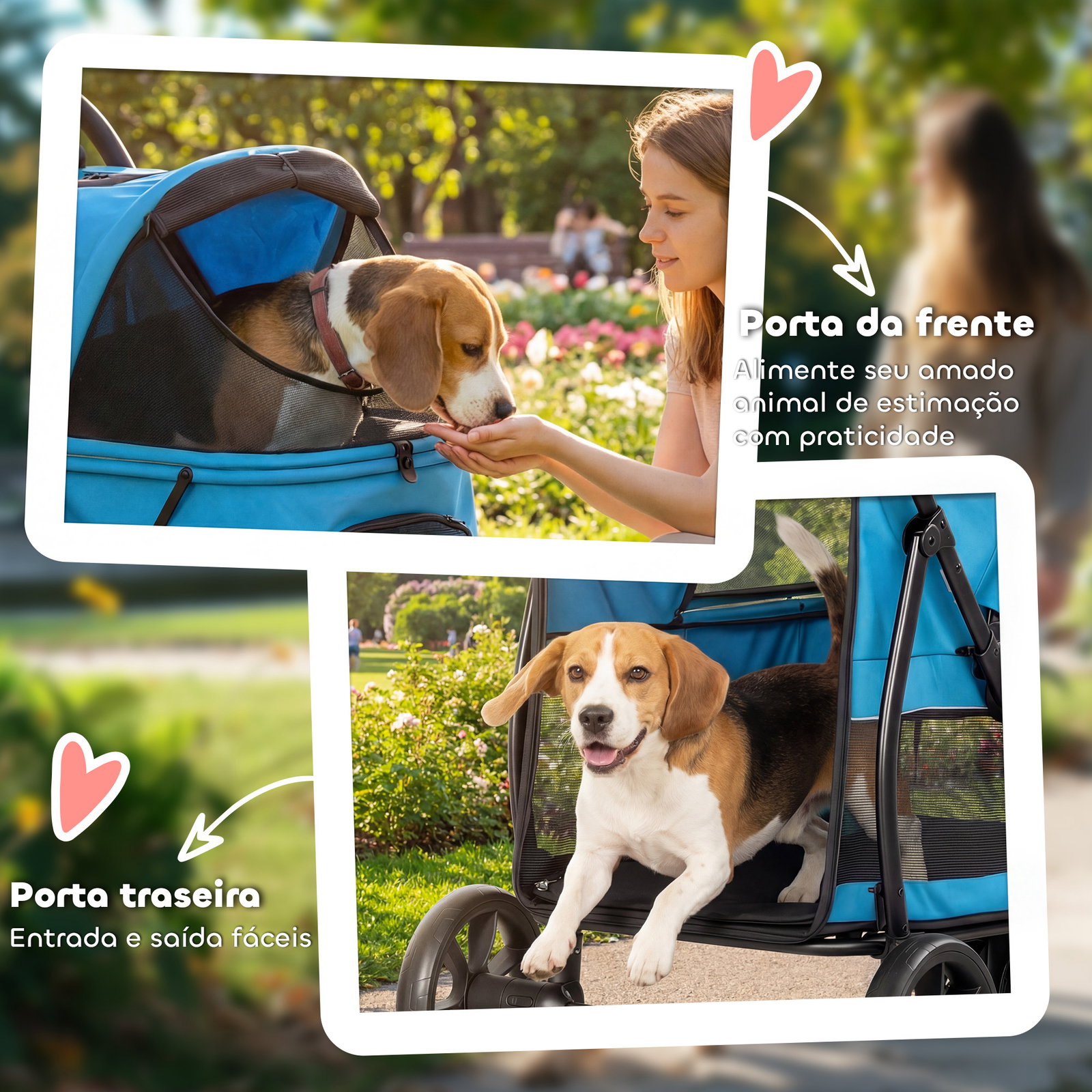 Carrinho para cães dobrável com 3 rodas janelas de rede almofada lavável todo o terreno carga 20 kg 92x63x95 cm azul