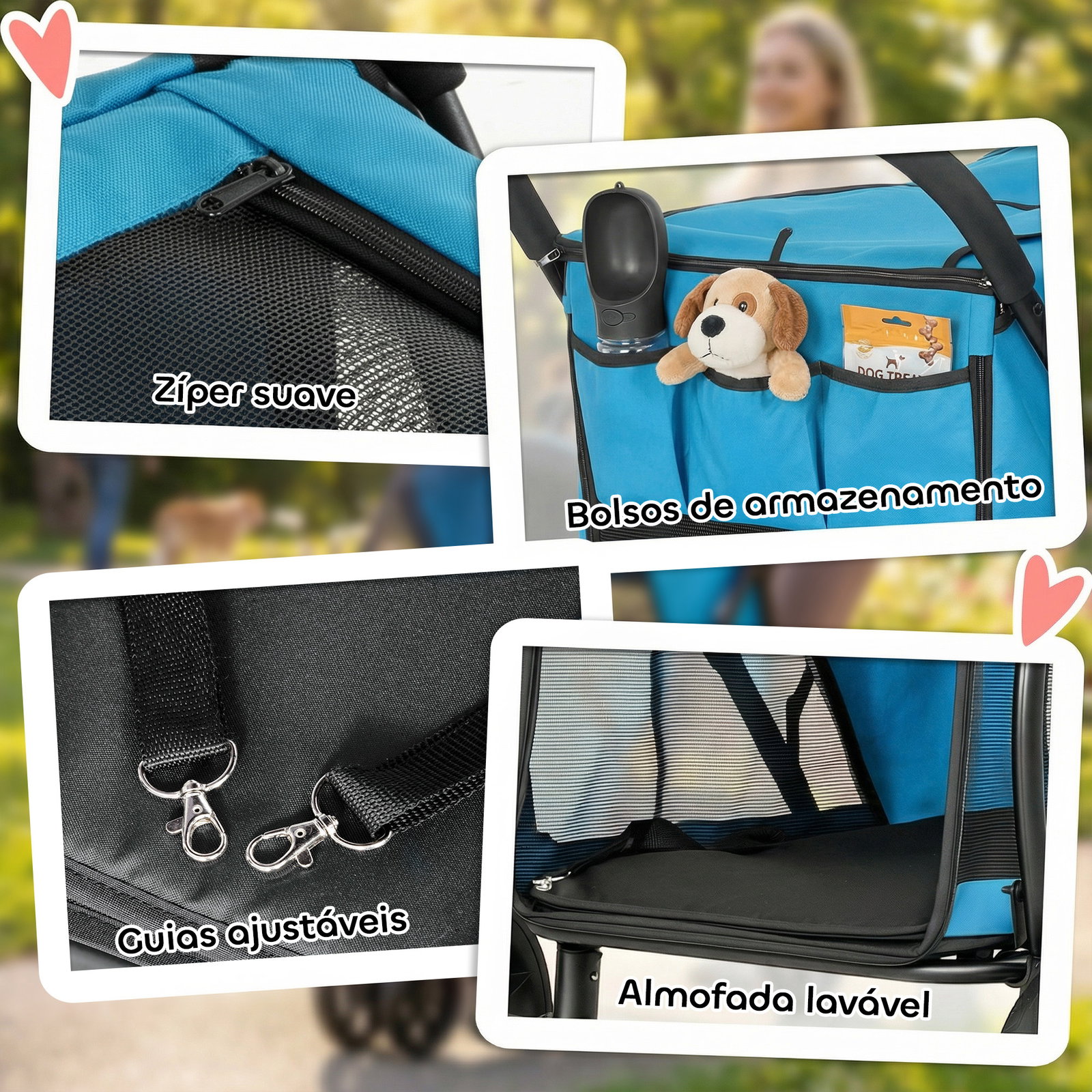 Carrinho para cães dobrável com 3 rodas janelas de rede almofada lavável todo o terreno carga 20 kg 92x63x95 cm azul
