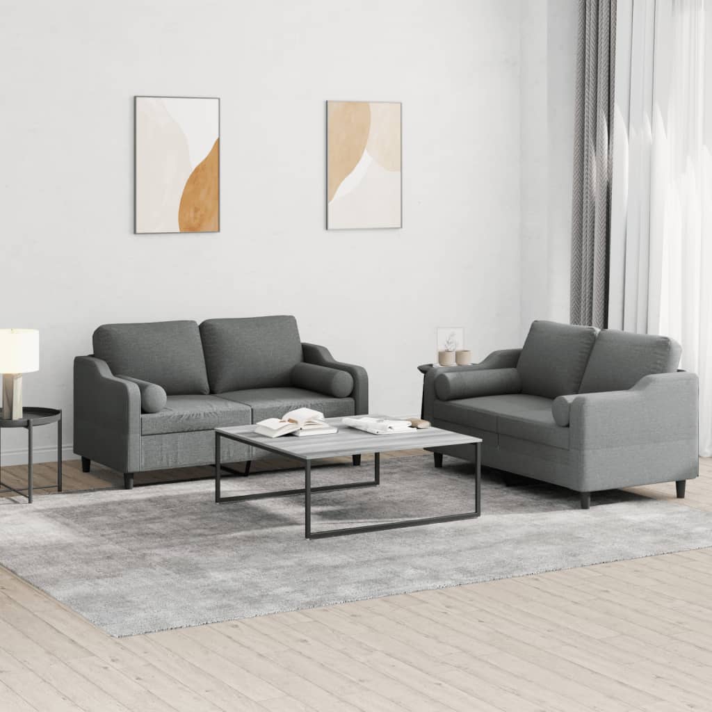 2 Pcs conjunto de sofás com almofadas tecido cinzento-escuro