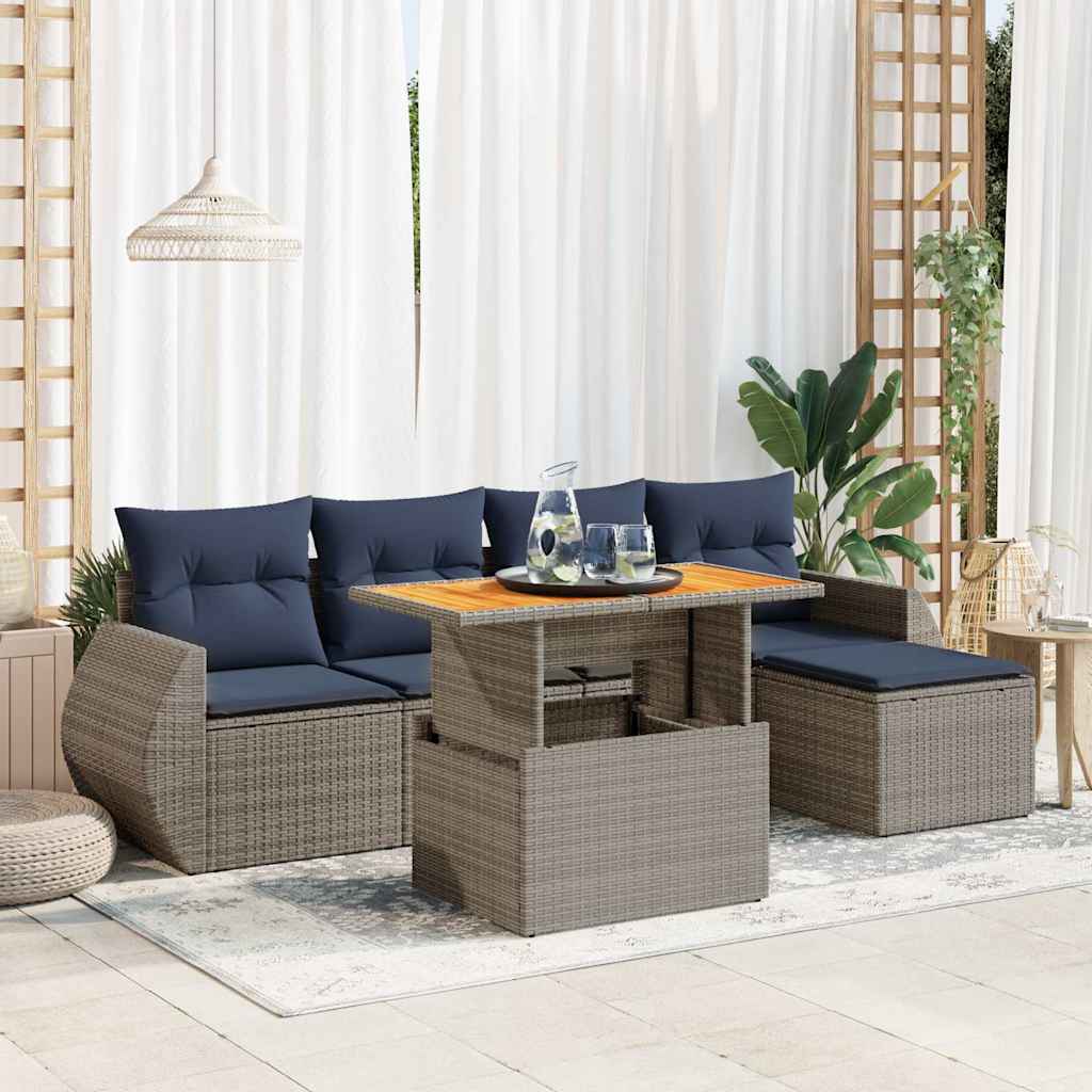 6 Pcs conjunto sofás de jardim com almofadões vime cinzento