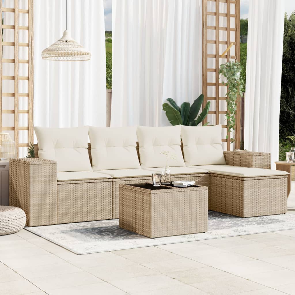 6 Pcs conjunto de sofás p/ jardim com almofadões vime PE bege