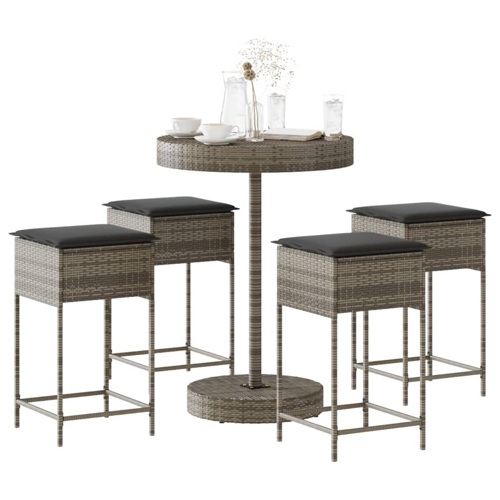 5 Pcs conjunto de bar p/ jardim c/ almofadões vime PE cinzento