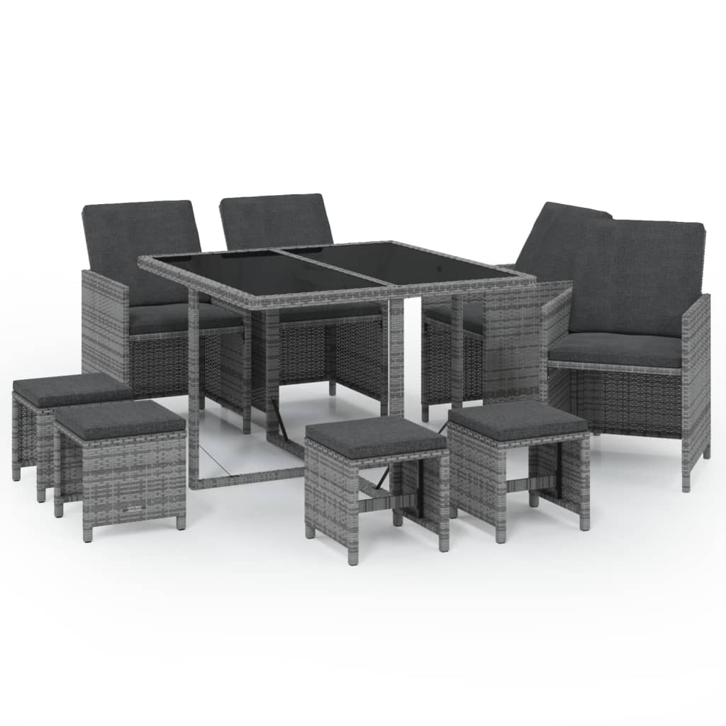 9 Pcs conjunto jantar p/ jardim c/ almofadões vime PE cinzento