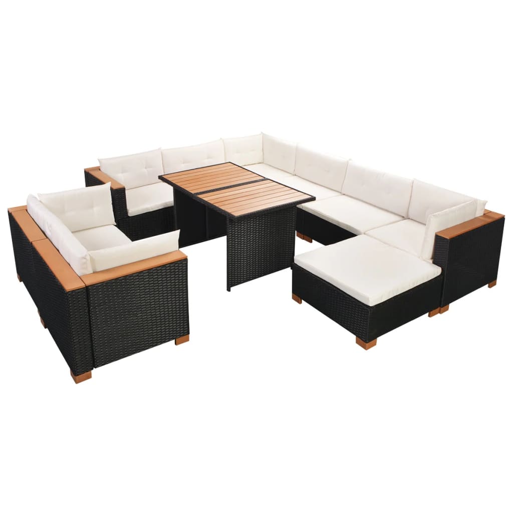 10 Pcs conjunto lounge de jardim c/ almofadões vime PE preto