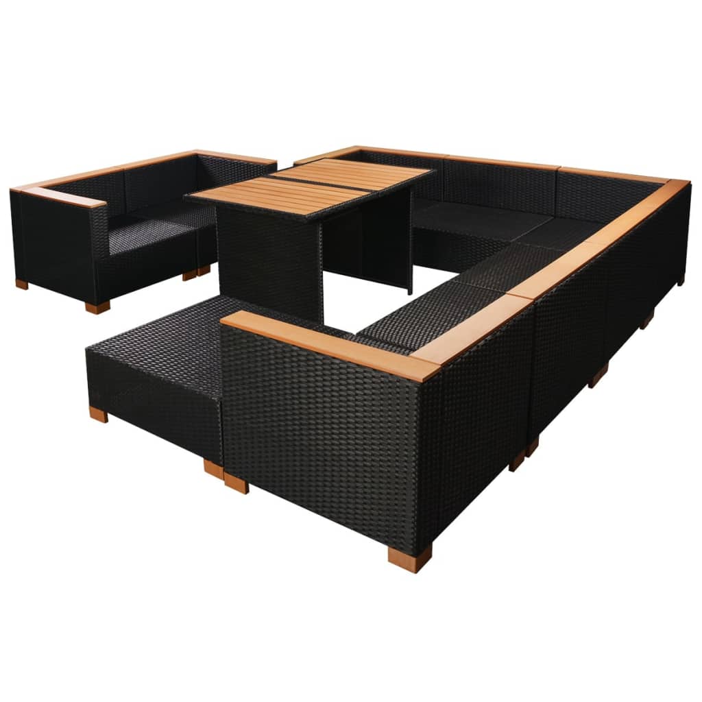 10 Pcs conjunto lounge de jardim c/ almofadões vime PE preto