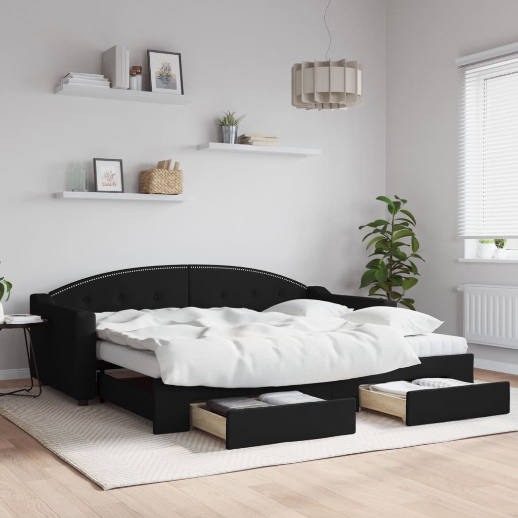 Sofá-cama com gavetão e gavetas 90x200 cm tecido preto