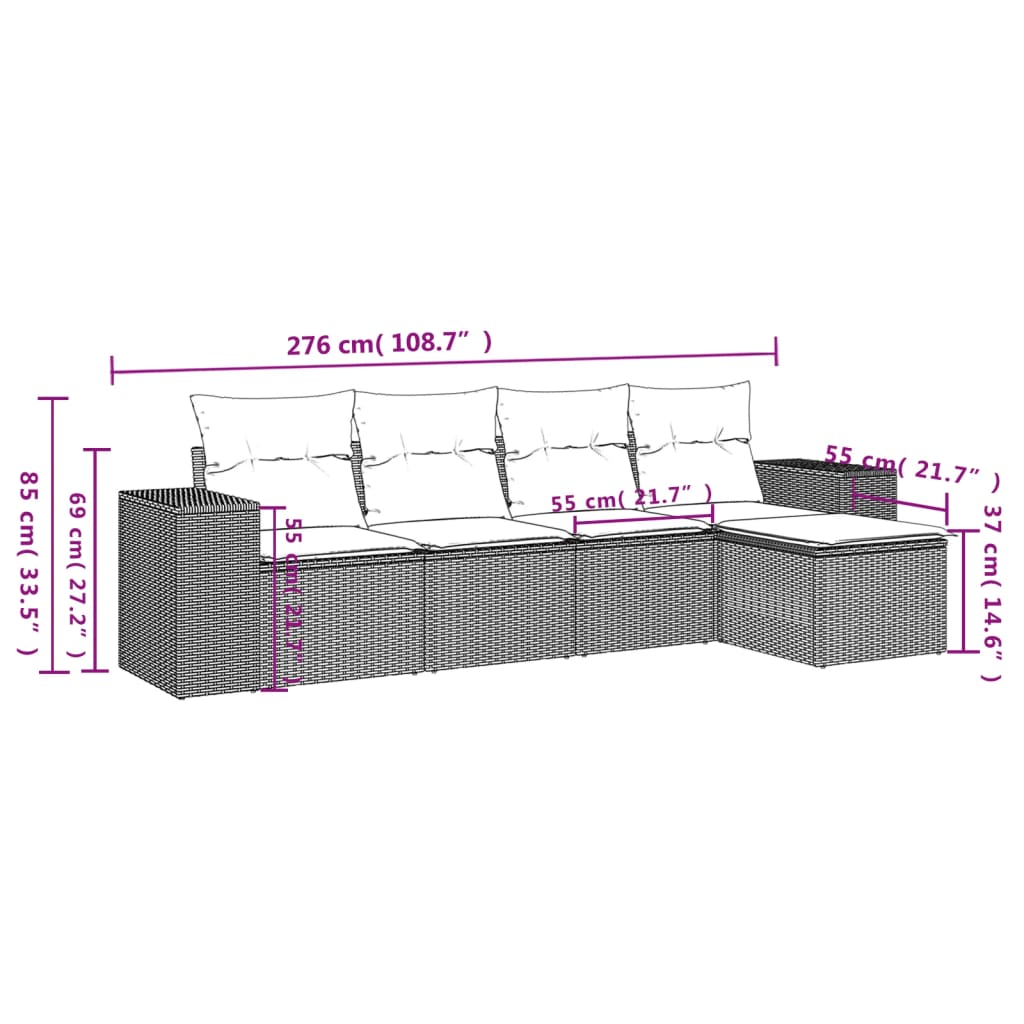 5 Pcs conjunto de sofás p/ jardim com almofadões vime PE bege