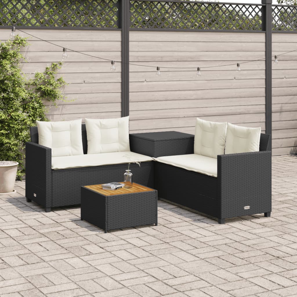 Sofá de jardim em forma de l c/ mesa e almofadões vime PE preto