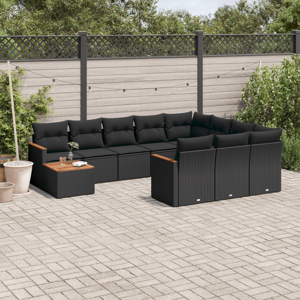 11 Pcs conjunto sofás de jardim c/ almofadões vime PE preto