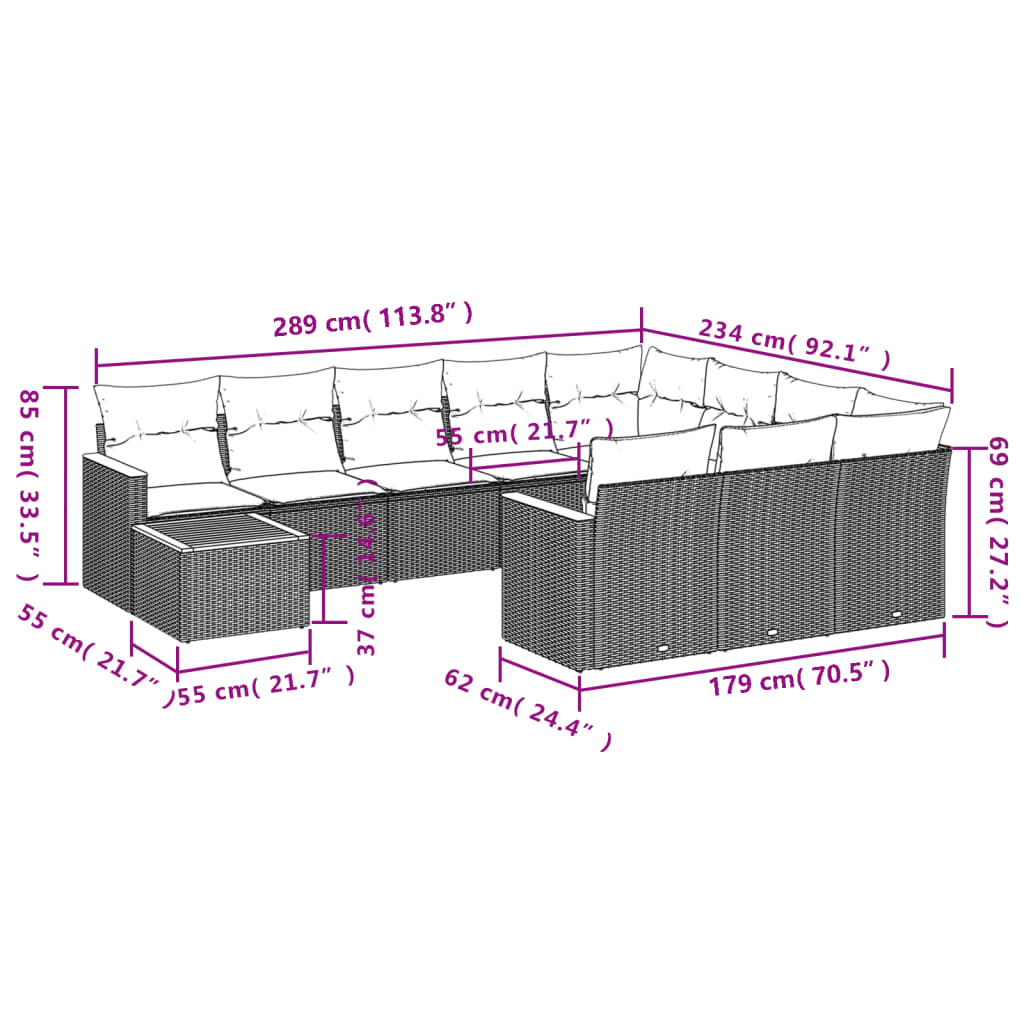 11 Pcs conjunto sofás de jardim c/ almofadões vime PE preto