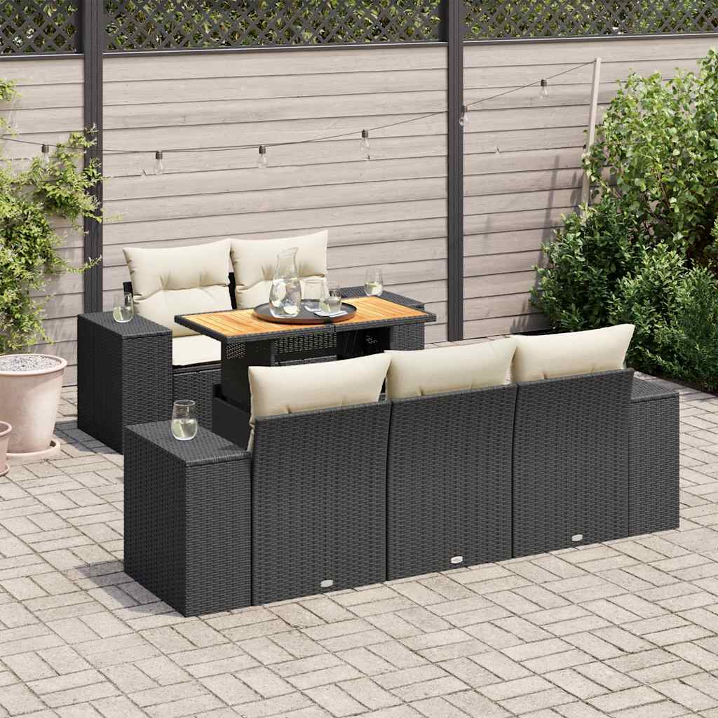6 Pcs conjunto sofás de jardim c/ almofadões vime PE preto