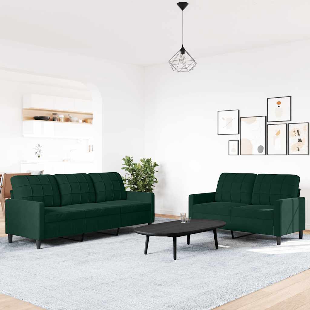 2 Pcs conjunto de sofás com almofadões veludo verde-escuro
