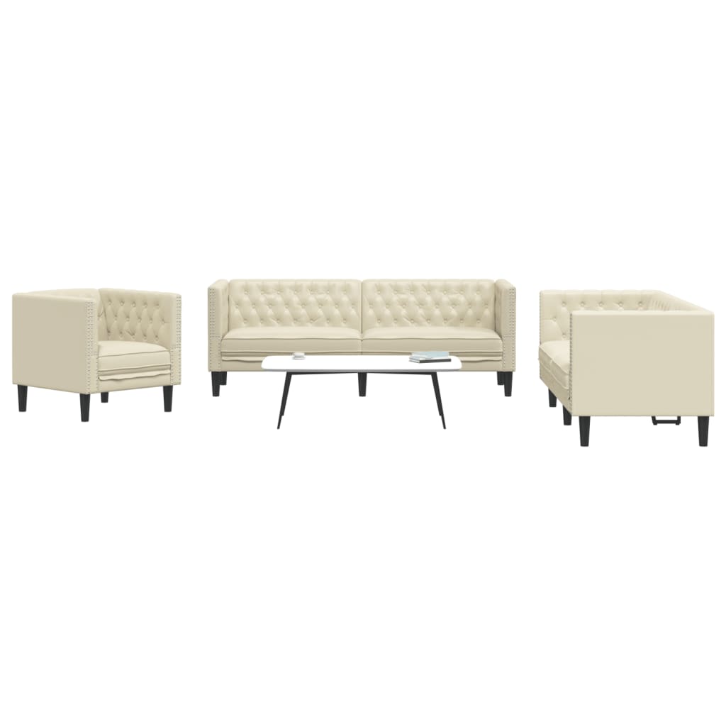 3 Pcs conjunto de sofás chesterfield couro artificial creme