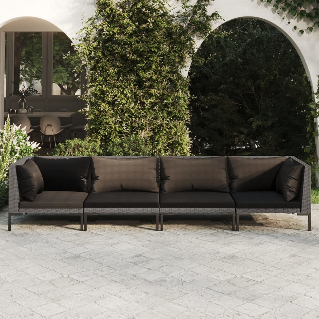 4 Pcs conj. lounge jardim c/ almofadões vime PE cinza-escuro